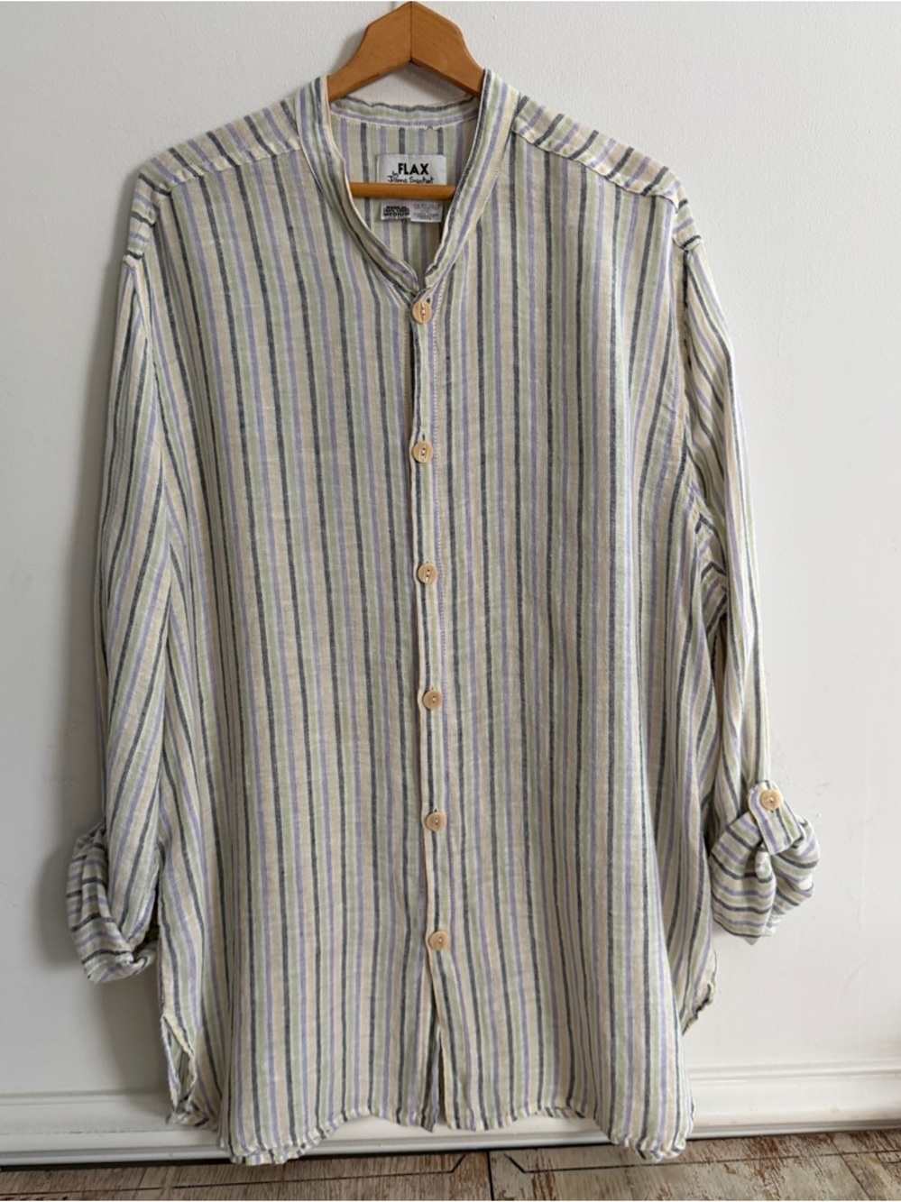 Flax Jeanne Englehart Linen Tunic Sz M Striped Mandarin Collar Poet Top Neutral